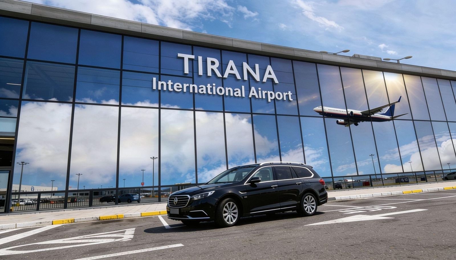 Private transfer car waiting outside Tirana International Airport